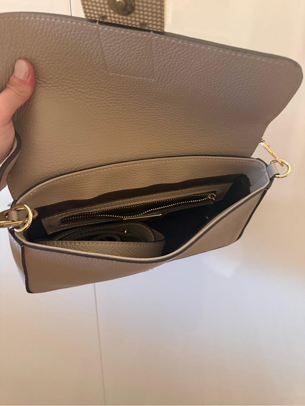Taupe Leather Shoulder Bag with Gold Hardware - Picture 3 of 3